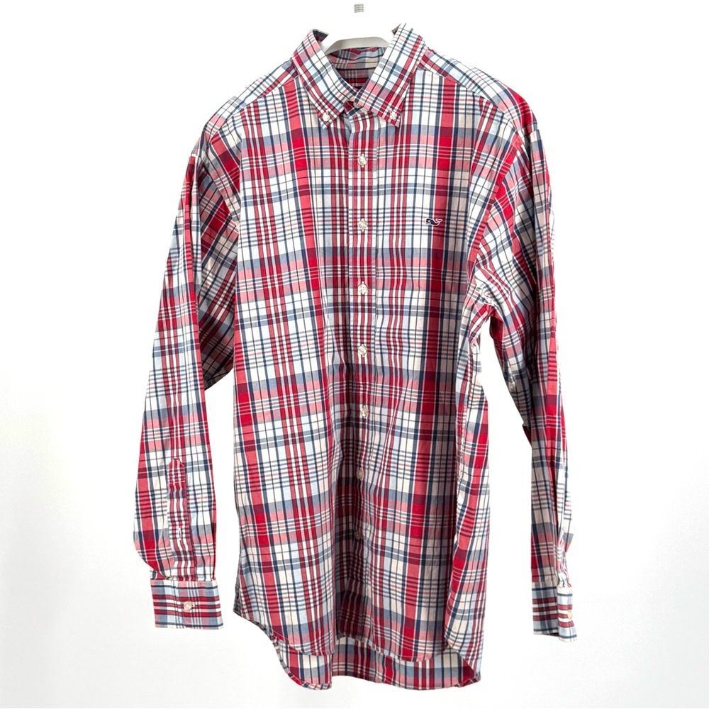 Vineyard Vines Men’s Red White Blue Plaid Cotton Button Down Whale Shirt Size L